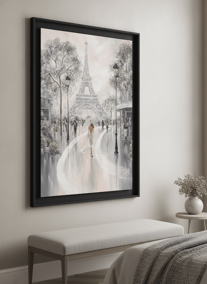 Minimalist artwork displayed in a calm, light-filled bedroom interior
