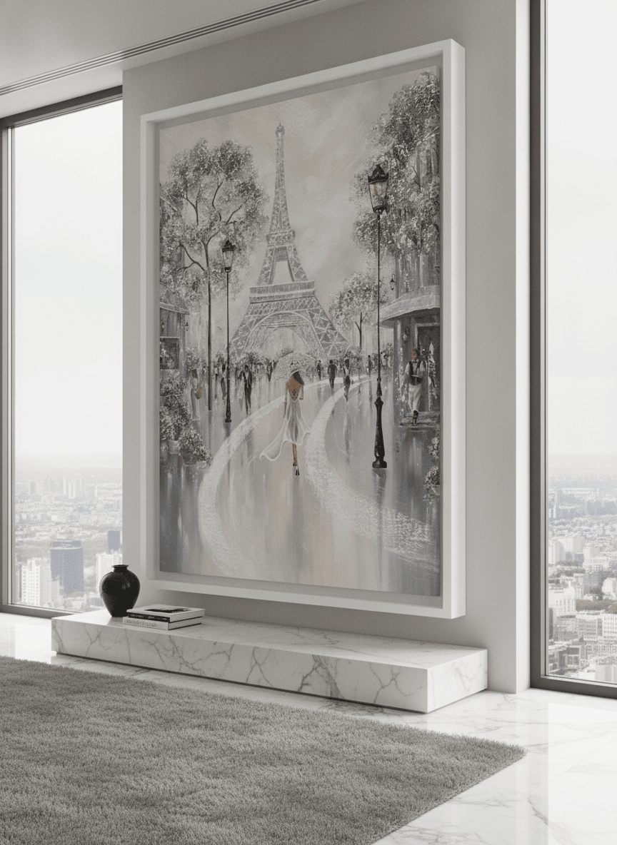 Monumental artwork centred on a feature wall in a luxe interior