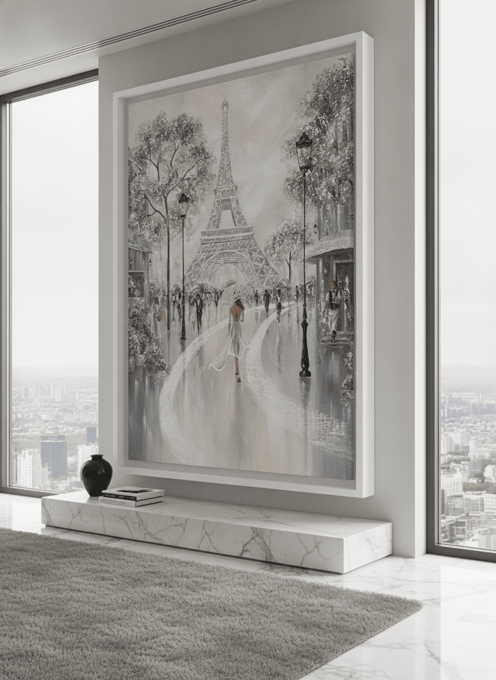 Monumental artwork centred on a feature wall in a luxe interior