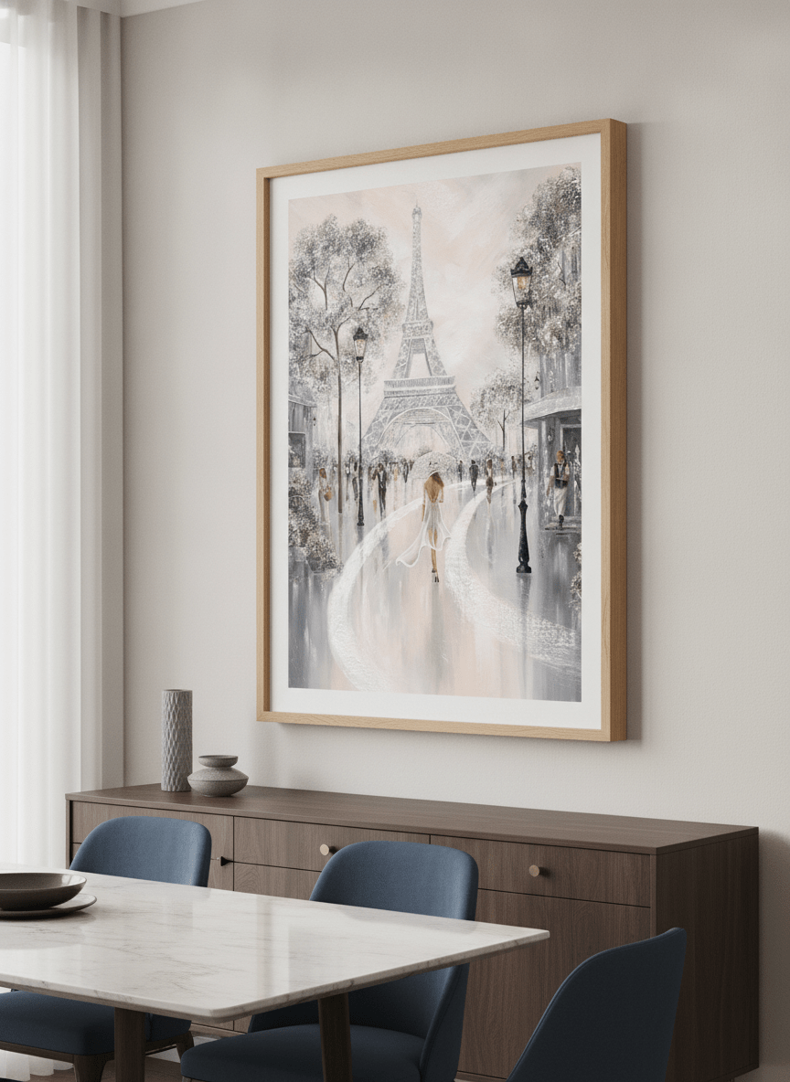 Wall art styled above a dining table in a contemporary home