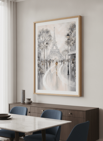 Wall art styled above a dining table in a contemporary home