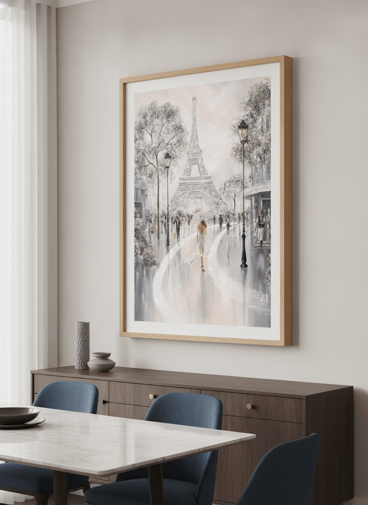 Wall art styled above a dining table in a contemporary home