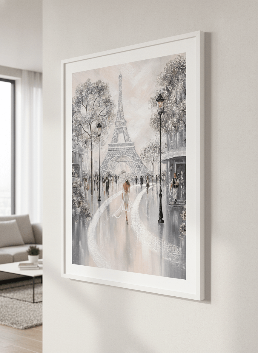 Modern wall art styled above a sofa in a neutral living room