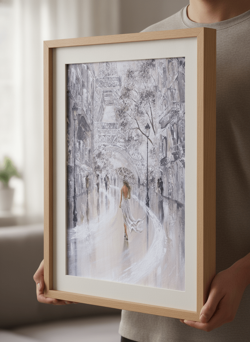 Person showcasing the artwork against a clean modern interior wall
