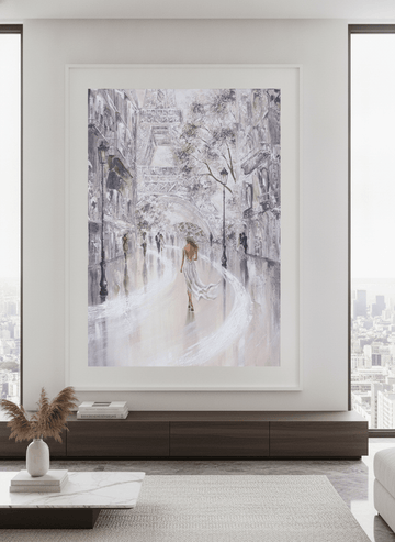 Monumental artwork centred on a feature wall in a luxe interior