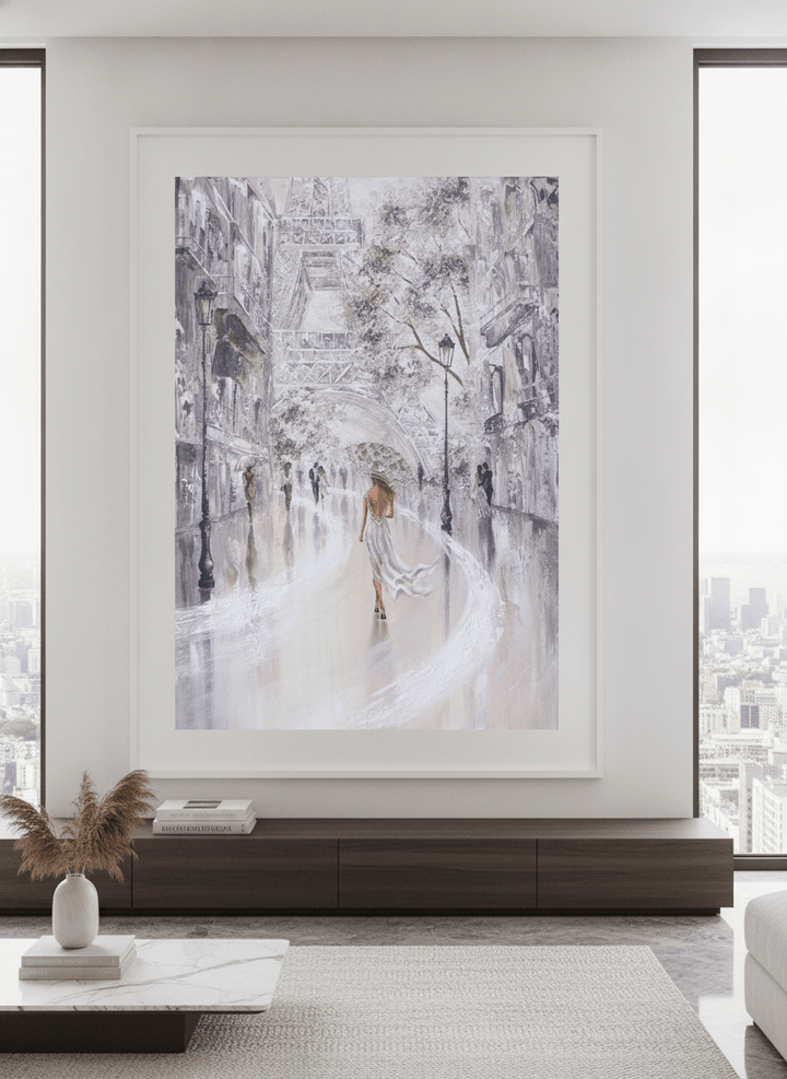 Monumental artwork centred on a feature wall in a luxe interior