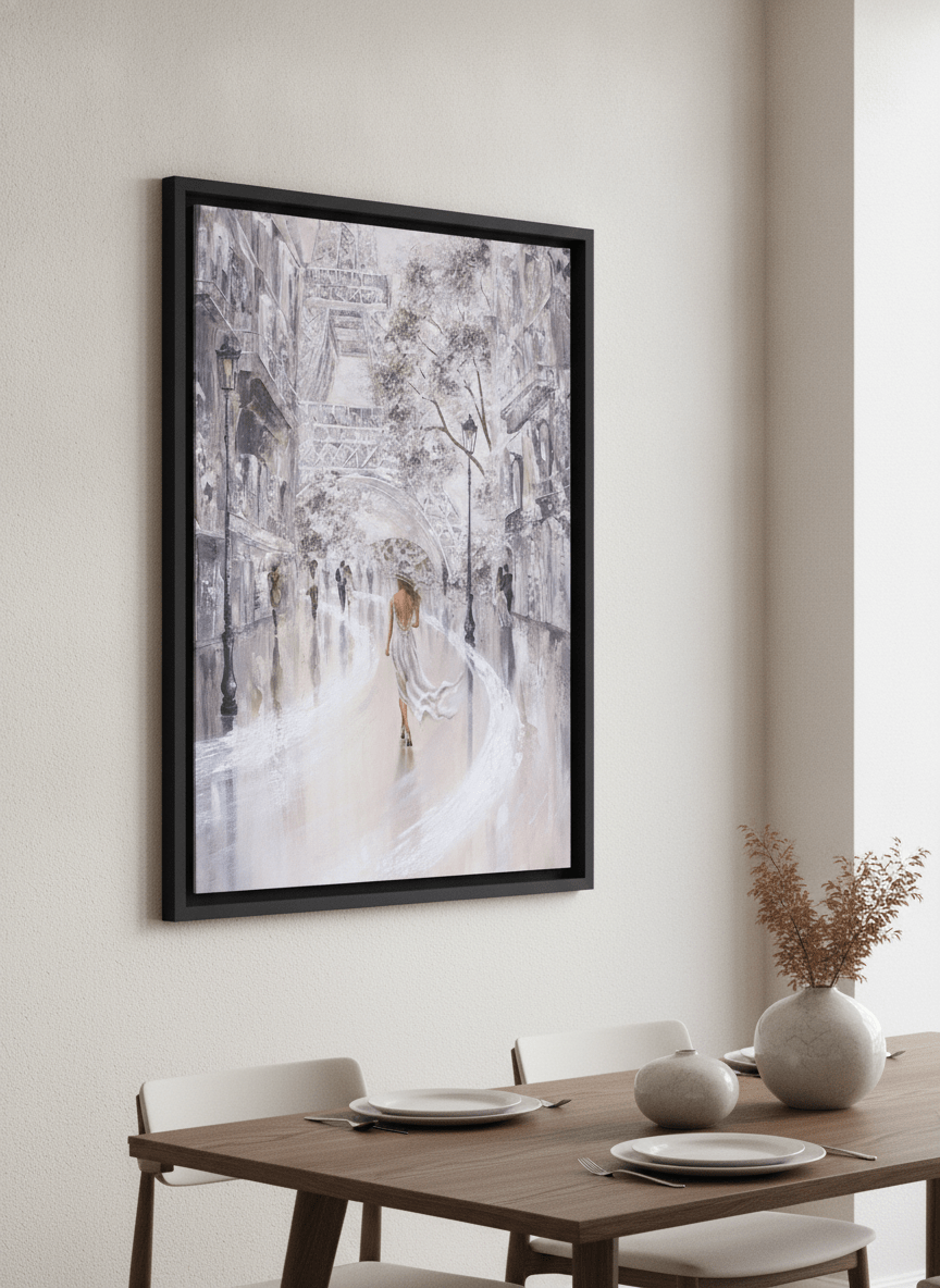 Wall art styled above a dining table in a contemporary home