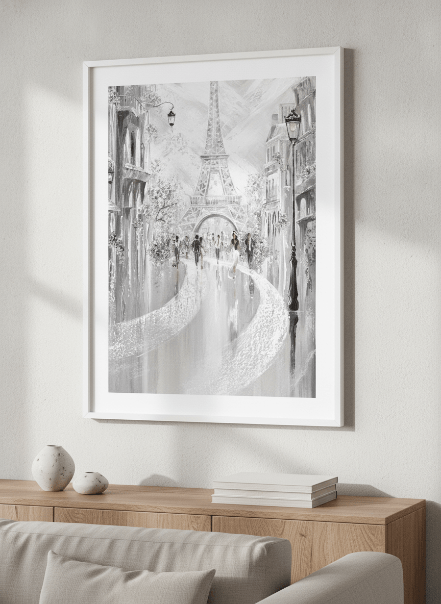 Modern wall art styled above a sofa in a neutral living room