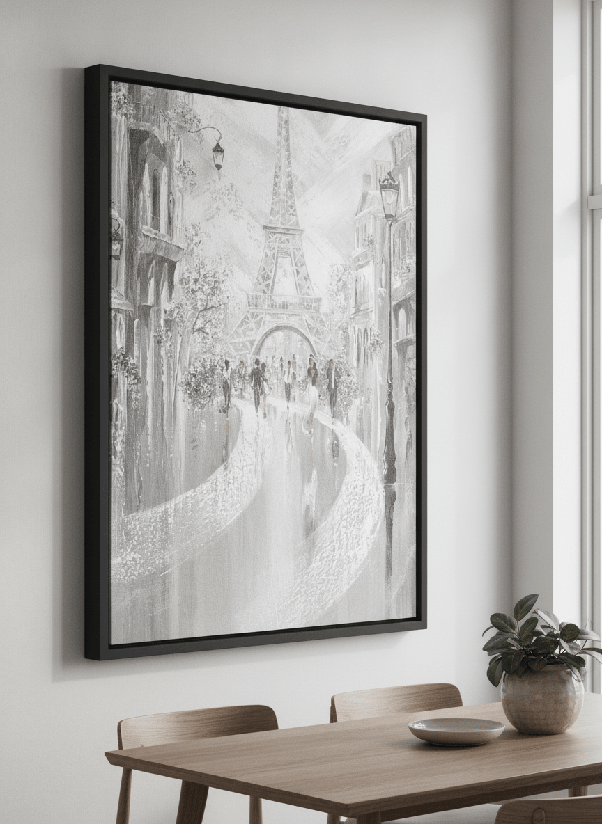 Wall art styled above a dining table in a contemporary home