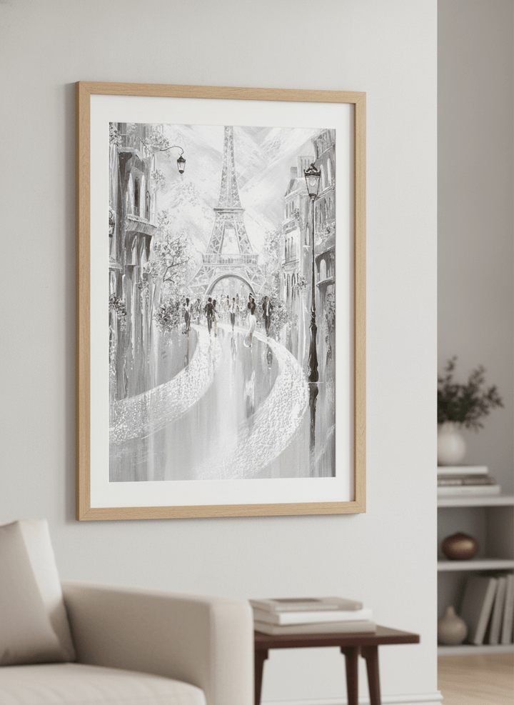 Modern wall art styled above a sofa in a neutral living room