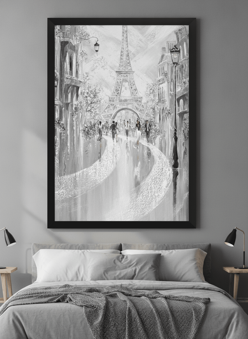 Minimalist artwork displayed in a calm, light-filled bedroom interior