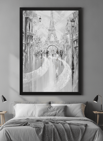 Minimalist artwork displayed in a calm, light-filled bedroom interior