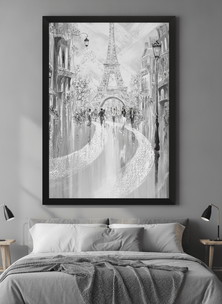 Minimalist artwork displayed in a calm, light-filled bedroom interior
