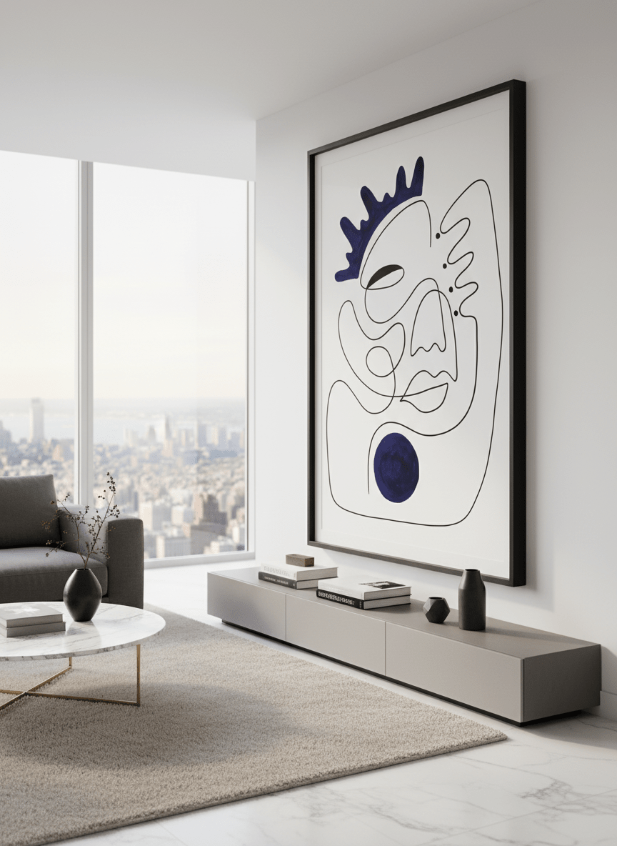 Monumental artwork centred on a feature wall in a luxe interior