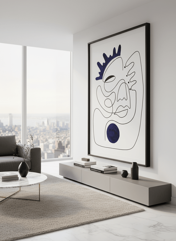 Monumental artwork centred on a feature wall in a luxe interior