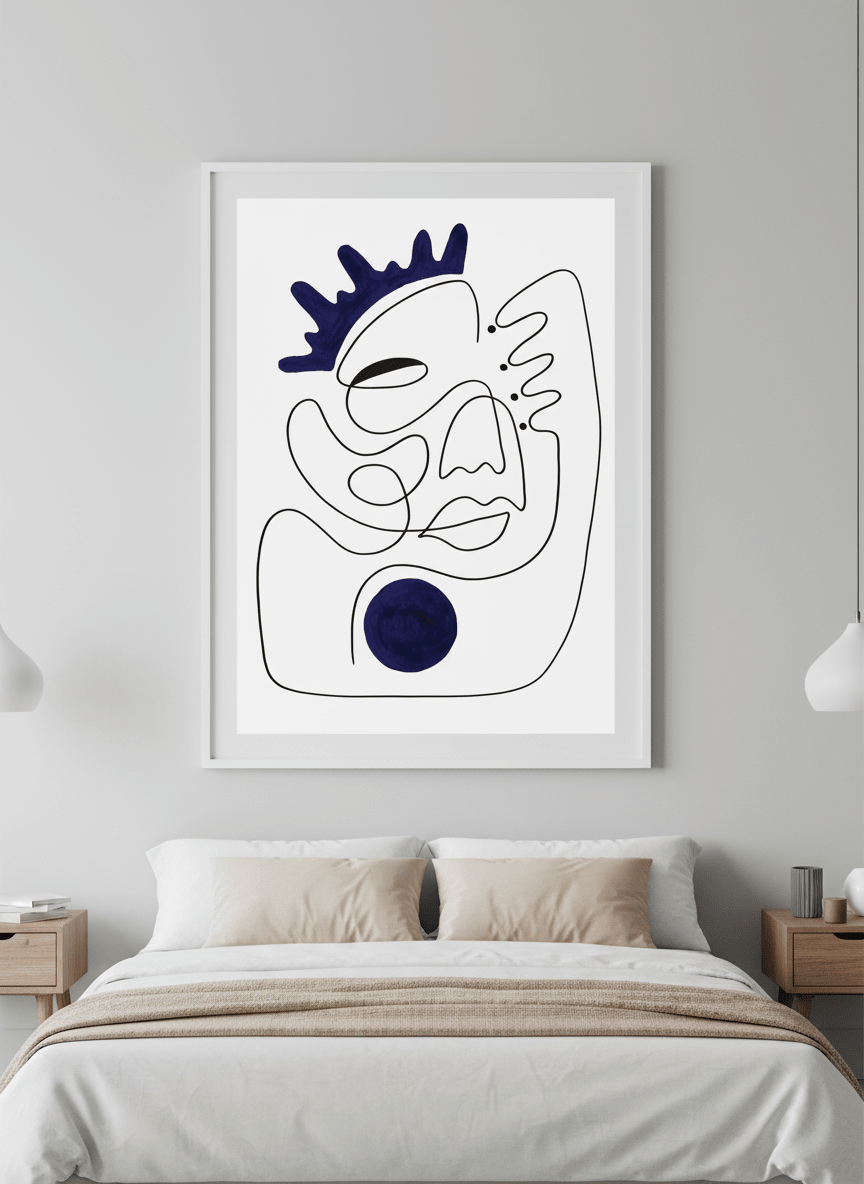 Minimalist artwork displayed in a calm, light-filled bedroom interior