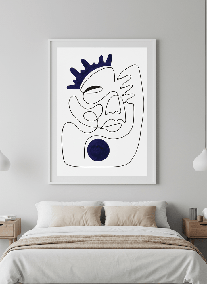 Minimalist artwork displayed in a calm, light-filled bedroom interior