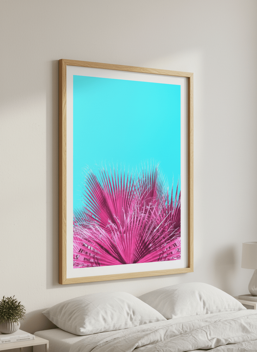 Minimalist artwork displayed in a calm, light-filled bedroom interior
