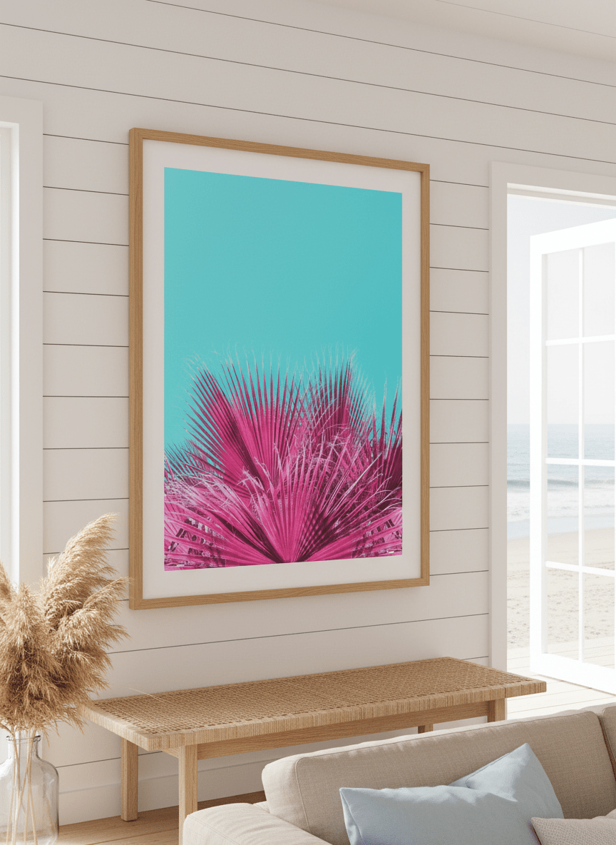 Neutral wall art displayed in a sunny coastal beach house