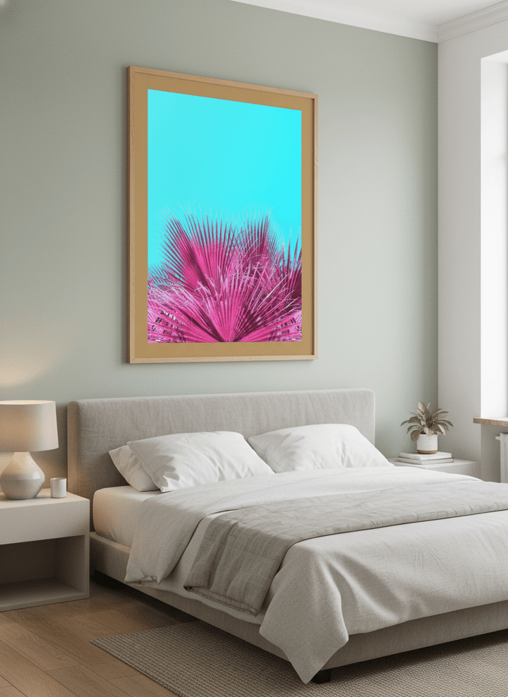 Minimalist artwork displayed in a calm, light-filled bedroom interior