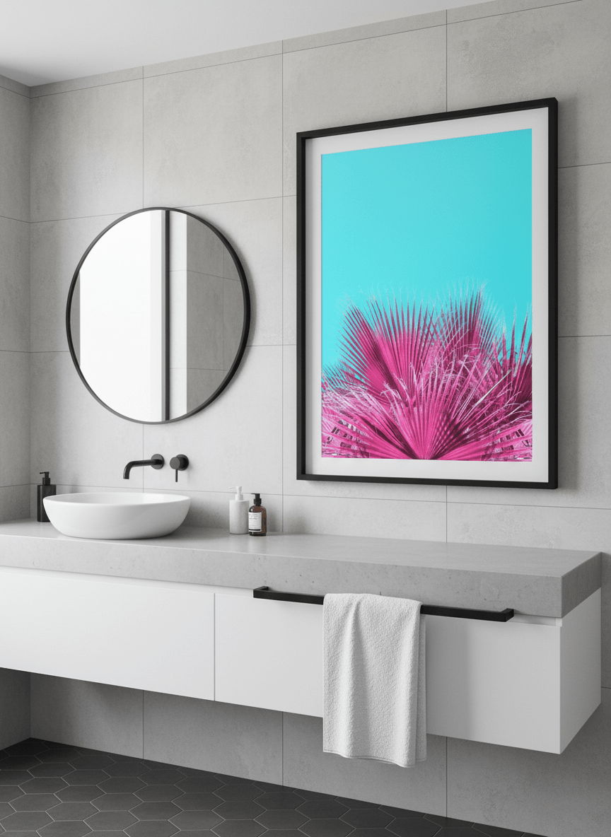 Modern print displayed in a clean minimalist bathroom setting
