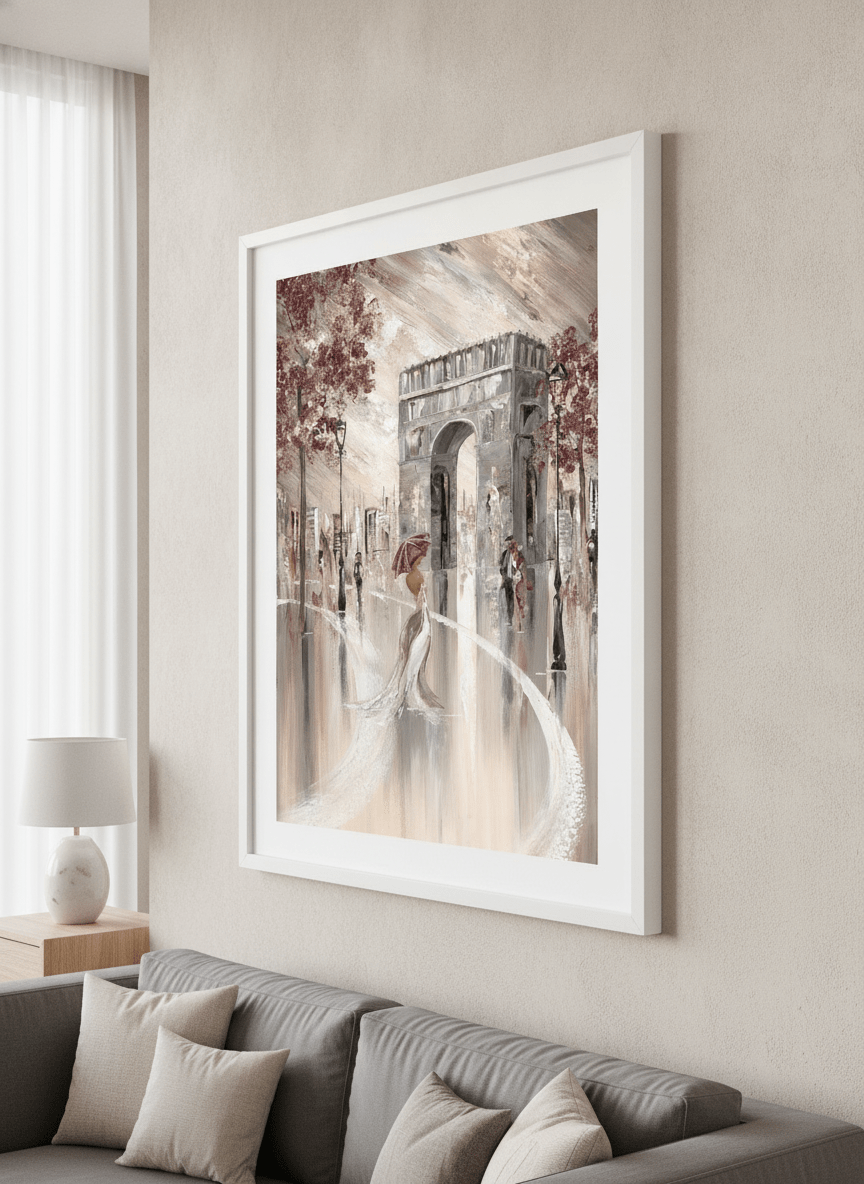 Modern wall art styled above a sofa in a neutral living room