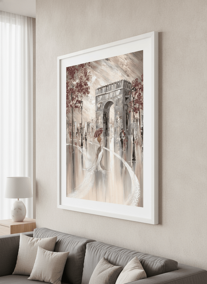 Modern wall art styled above a sofa in a neutral living room