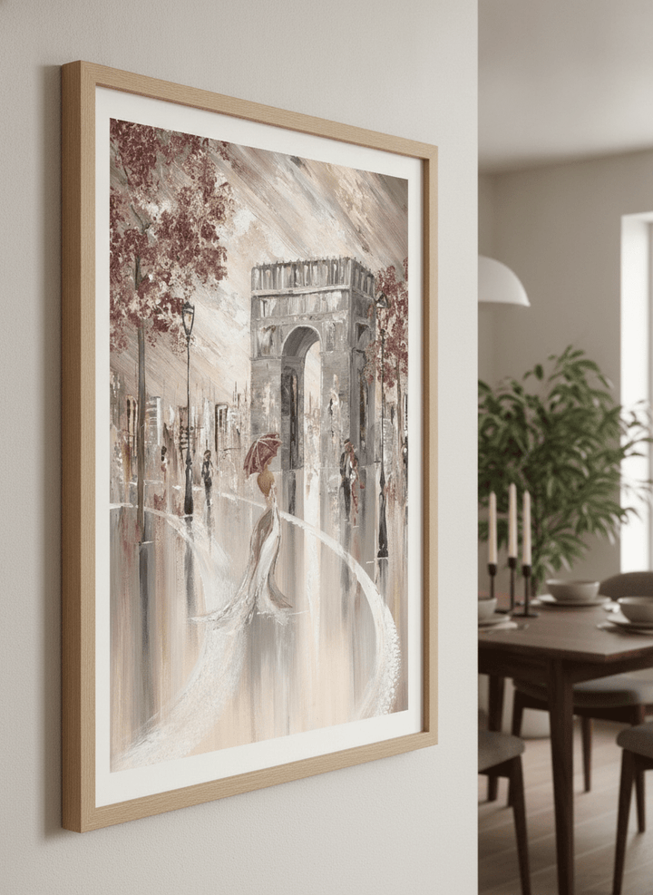 Wall art styled above a dining table in a contemporary home