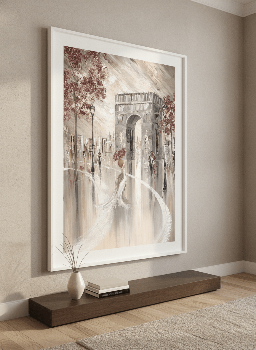 Monumental artwork centred on a feature wall in a luxe interior