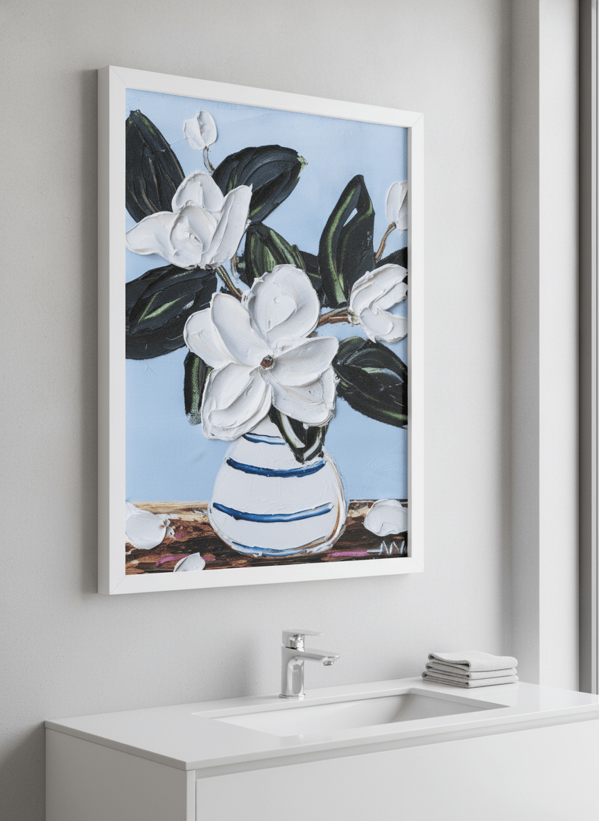 Modern print displayed in a clean minimalist bathroom setting