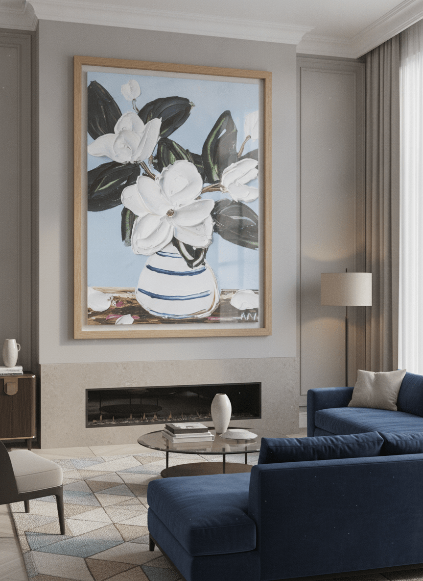 Monumental artwork centred on a feature wall in a luxe interior