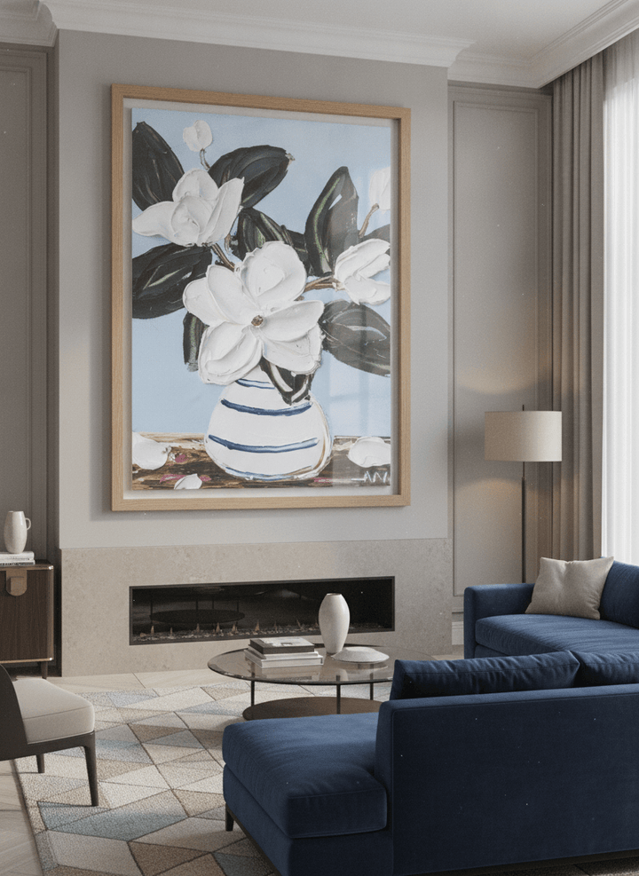 Monumental artwork centred on a feature wall in a luxe interior