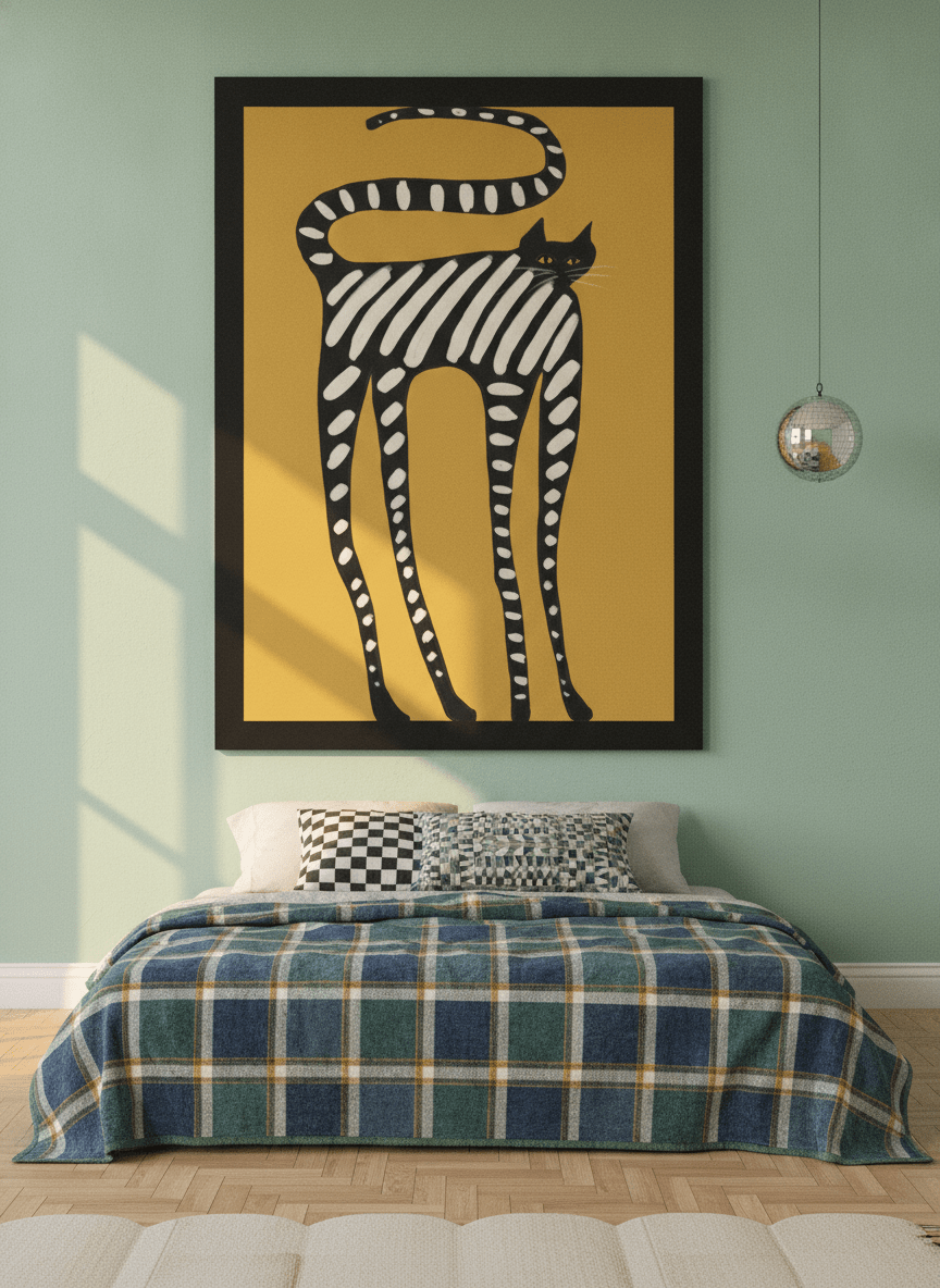 Oversized statement modern wall art print styled on the wall in a colourful eclectic bedroom