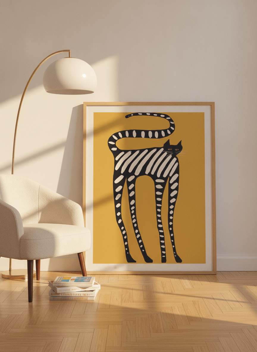Modern wall art print leaning against the wall in a mid-century home office