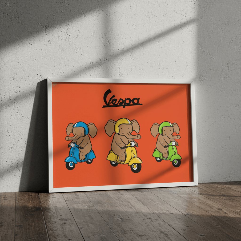 Elephant Riding Vespa Landscape Vintage Art wall - art - picture - poster
