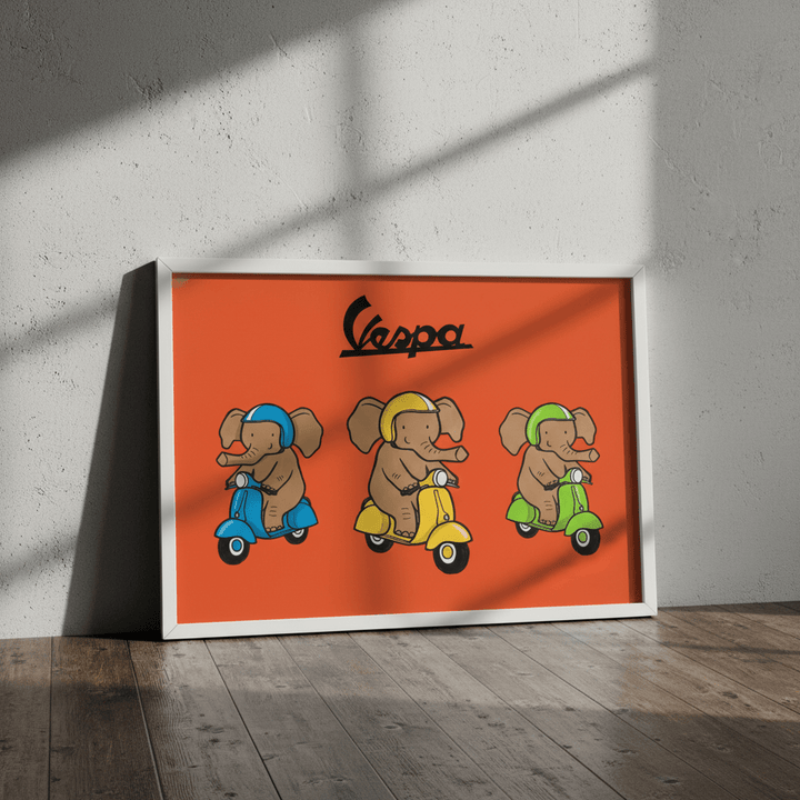 Elephant Riding Vespa Landscape Vintage Art wall - art - picture - poster