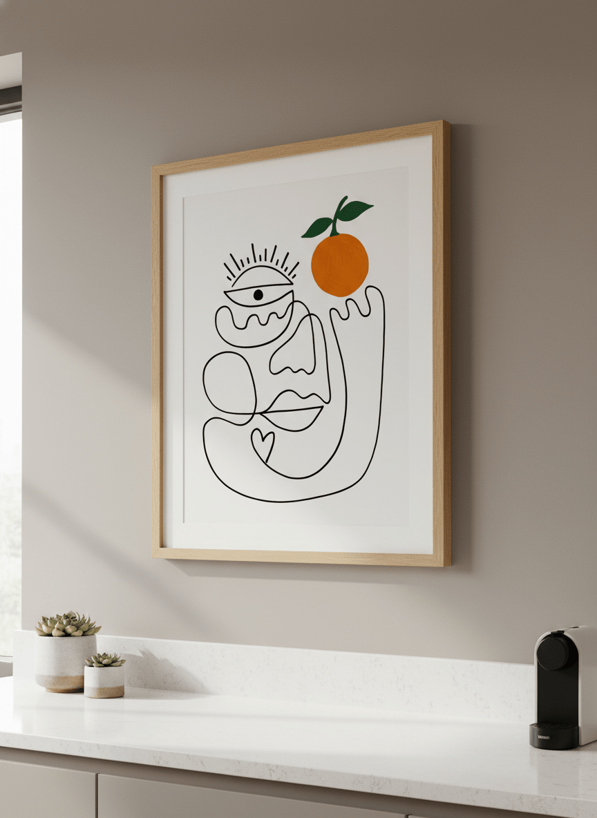 Artwork styled on the wall of a bright modern kitchen