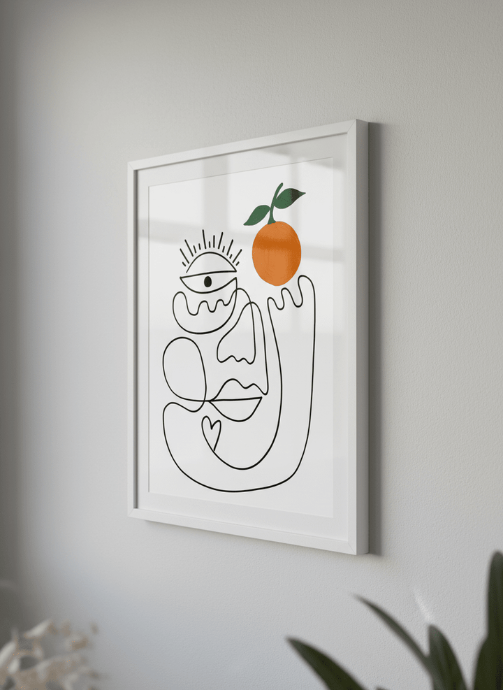 Minimalist artwork displayed in a calm, light-filled bedroom interior