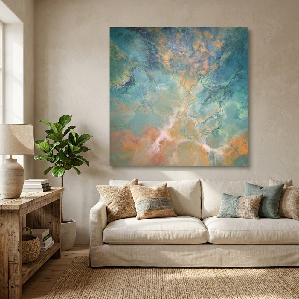 Stretched canvas wall art styled in a neutral living room