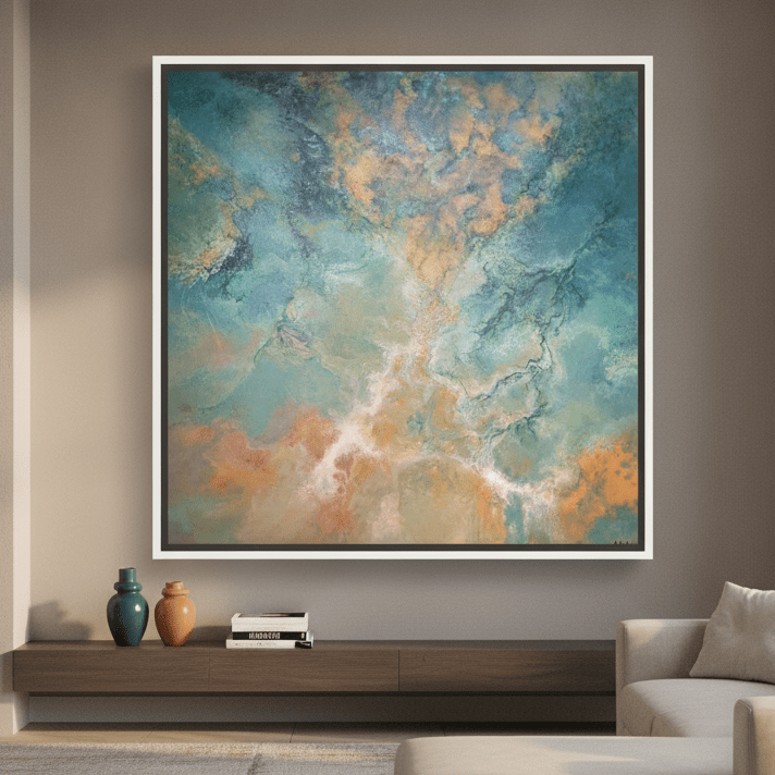 Oversized statement canvas wall art with a white surround styled in a luxe interior