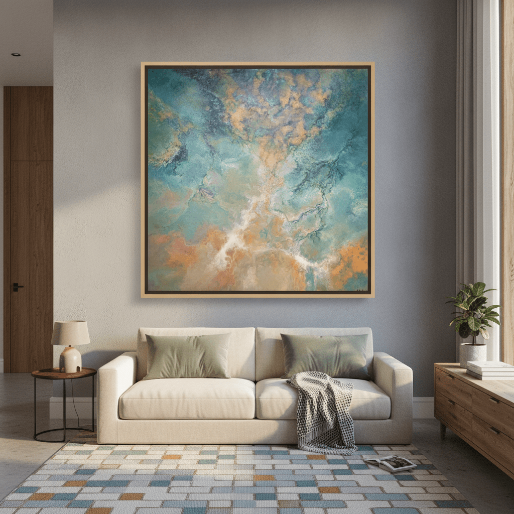 Oversized statement canvas wall art with a natural timber surround styled in a calm, light-filled bedroom