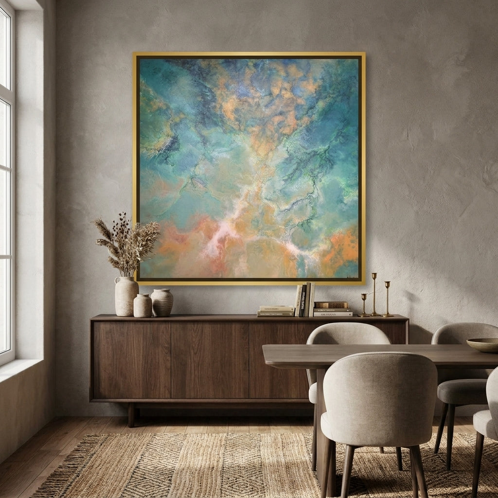 Canvas wall art with a gold leaf surround styled in a contemporary dining room
