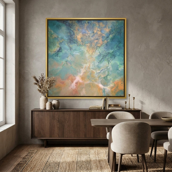 Canvas wall art with a gold leaf surround styled in a contemporary dining room