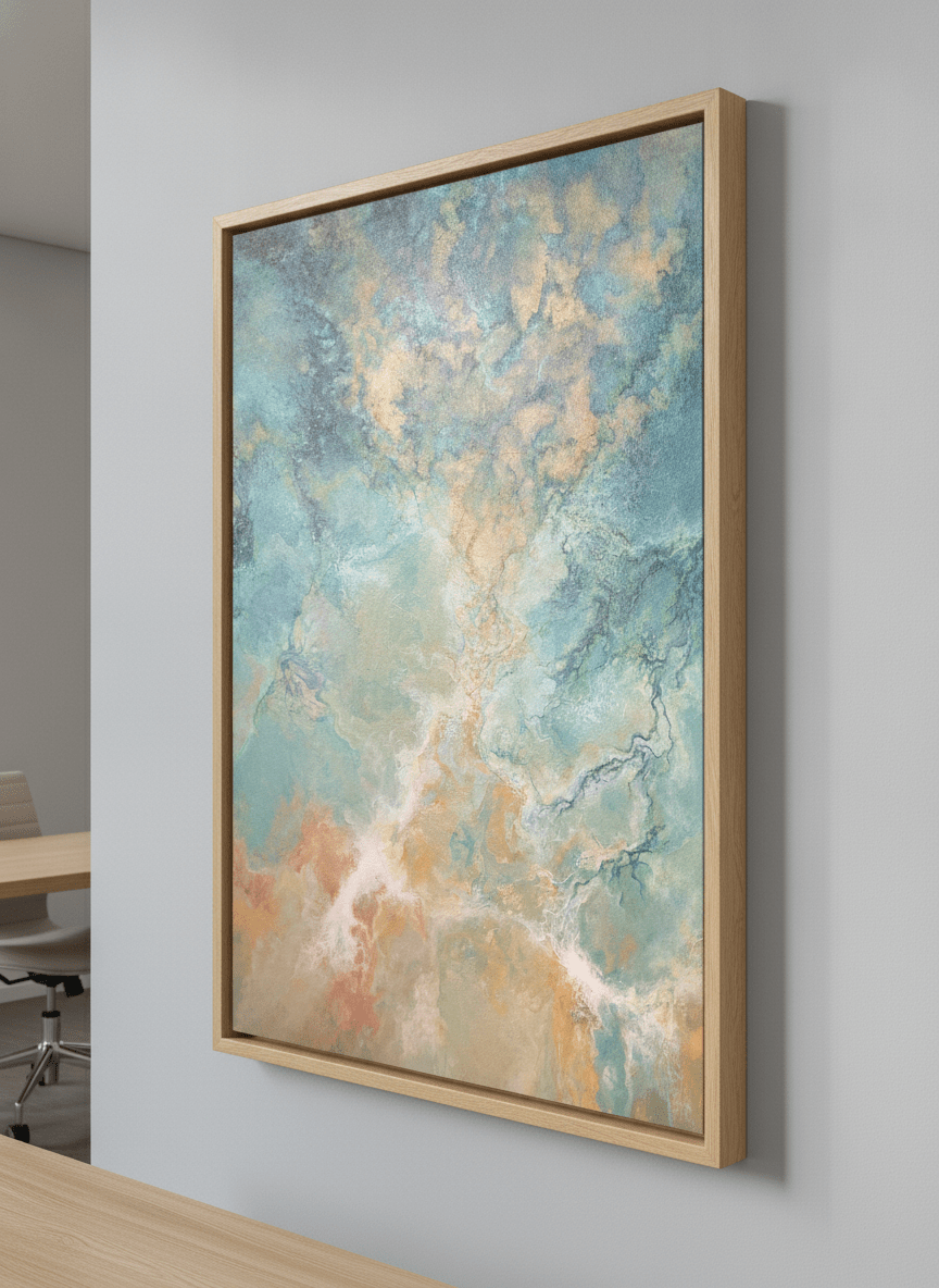 Contemporary wall art featured in a bright modern office workspace