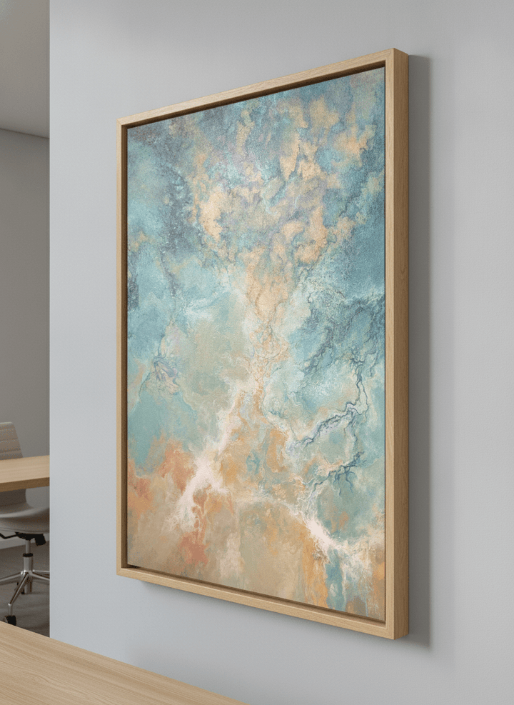 Contemporary wall art featured in a bright modern office workspace
