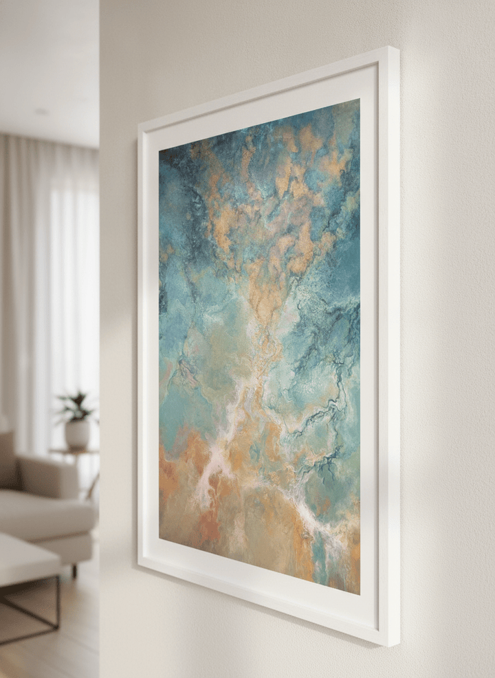Modern wall art styled above a sofa in a neutral living room