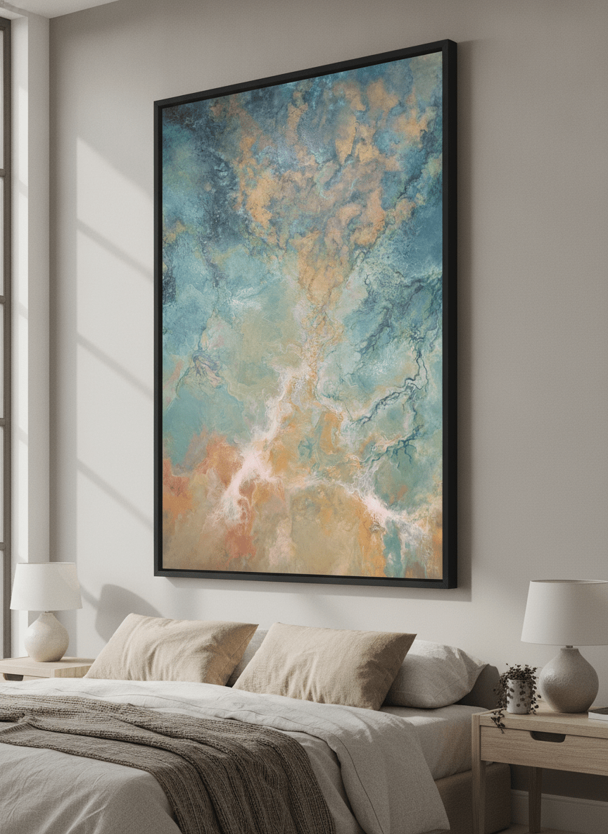 Minimalist artwork displayed in a calm, light-filled bedroom interior