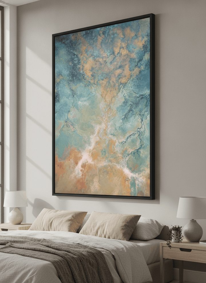 Minimalist artwork displayed in a calm, light-filled bedroom interior