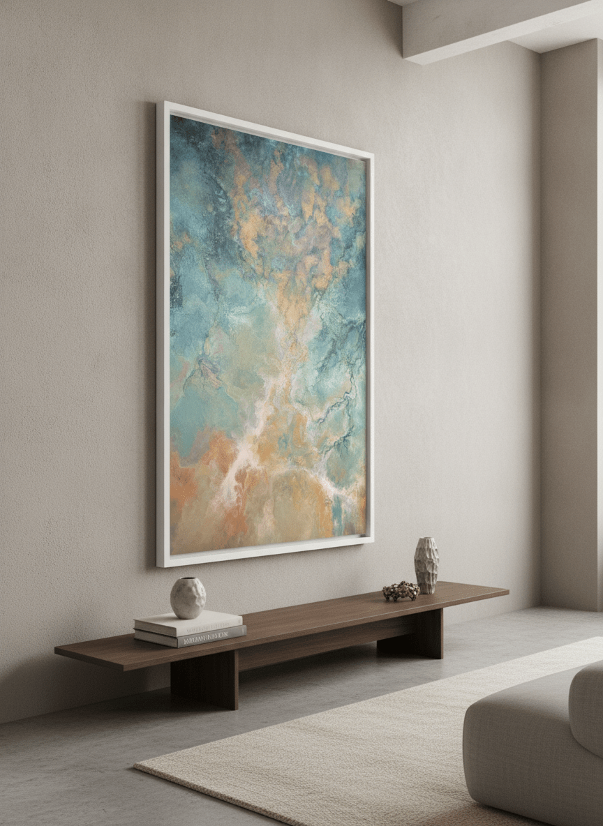 Monumental artwork centred on a feature wall in a luxe interior