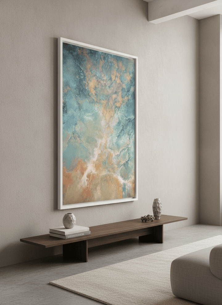 Monumental artwork centred on a feature wall in a luxe interior